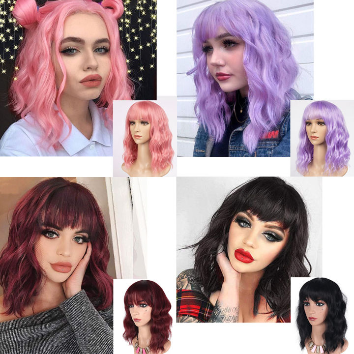 pink-wavy-wig-with-bangs-short-bob-wig-curly-wavy-bob-synthetic-red-blonde-green-purple-wigs-high-temperature-cosplay-wig-msholy-timezone