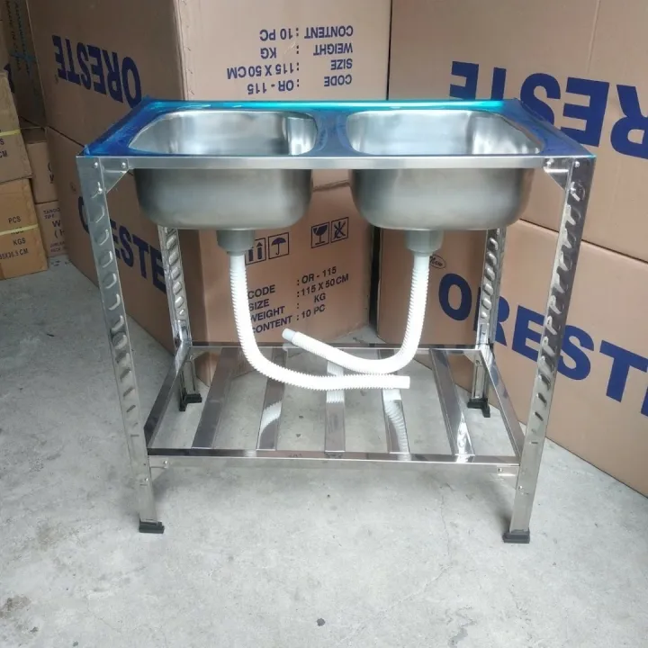 Sink Wastafel Bak Cuci Piring Double 2 Lubang Stainless Meja Portable Saringan Afur Selang