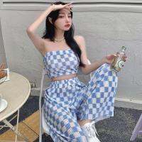 COD DSGERTRYTYIIO Fried Street Sweet Cool Two-piece Suit Womens 2022 Summer New Spice Girls Sexy Fashion Bra Plaid Leisure Wide Leg Pants