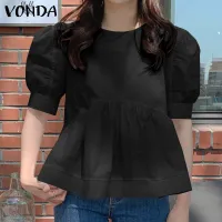 VONDA Womens Tops Summer Casual Pullover Half Sleeve Party Pleated Solid Blouse (Korean Causal)