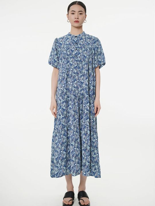 xitao-dress-casual-loose-stand-collar-print-dress