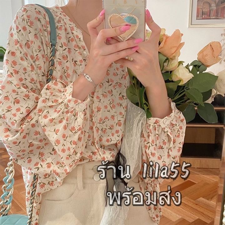 ส่งจากไทย-สาวอวบใส่ได้-เสื้อคอจีนแขนยาวหวาน-สีชมพู-เสื้อเชิ้ตลายดอกไม้-เสื้อเกาหลีของผู้หญิงแฟชั่น