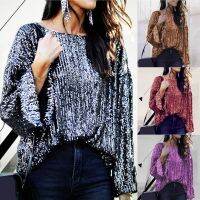 【Ready】Women Top Pullover Sequined Stitching Women Ladies Spring Glitter Blouse For Daily Wear