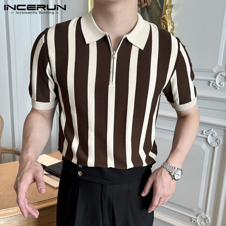 incerun-เสื้อบุรุษลายทางสไตล์ฮิปฮอปเสื้อเชิ้ตทางการซิปเสื้อเชิ้ตแขนสั้น-henley-tops-สไตล์เกาหลี