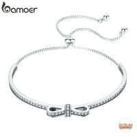 BAMOER High Quality 925 Sterling Silver Bowknot Clear Cubic Zircon Bangles celets for Women Sterling Silver Jewelry SCB108