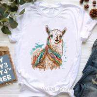 เสื้อยืดพิมพ์ลายสัตว์ลามะสีน้ำสำหรับผู้หญิงเสื้อยืดแขนลำลองขาสั้นสีขาวสำหรับนักเดินทางเมาส์/กวาง/ปลาโลมาสำหรับผู้หญิง