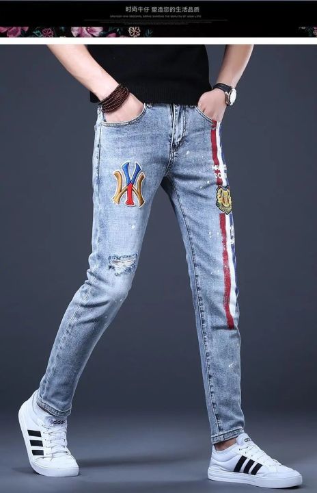คุณภาพสูงผู้ชายกางเกงยีนส์ฉีก-สีคลาสสิกพิมพ์กางเกงยีนส์สีฟ้า-กางเกงยีนส์ลำลองรุ่นสลิมฟิตเกาหลี-กางเกงยีนส์ถนนผู้ชาย