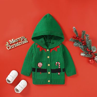 Christmas Baby Sweaters Knitted Newborn Girl Boy Green Coat Fashion Hooded Infant Xmas Clothing Cute Candy Long Sleeve Outerwear