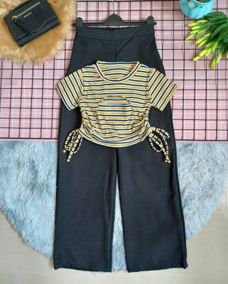เซทขายาวเสื้อครอป ชุดเซทสุดน่ารัก กางเกงขายาวผ้าฮานาโกะ เสื้อครอปผ้าร่องยืดเเต่งรูดข้างเว้าอก