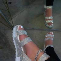 2022 Fashion Platform Woman Sandals Women Crystal Ladies Multicolor Flats Open Toe Sandalias Ankle Strap Female Shoes