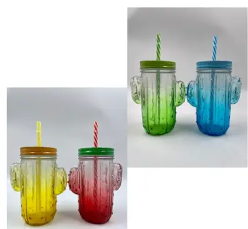 450ml Creative Cactus Glass Cup Transparent Mason Jar Mug With