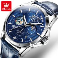 ZZOOI OLEVS Top Brand Starry Blue Quartz Watch for Men Leather Strap Mens Wristwatch Moon Phase Chronograph Sport Watch Original New