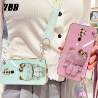 เคสโทรศัพท์กระจกแต่งหน้า YBD สำหรับ OPPO A9 2020 A5 2020 F11 Pro Reno Z 2 Reno 2F Reno 2Z Hello Kitty Bracket เชือกยาวสำหรับ Srossbody