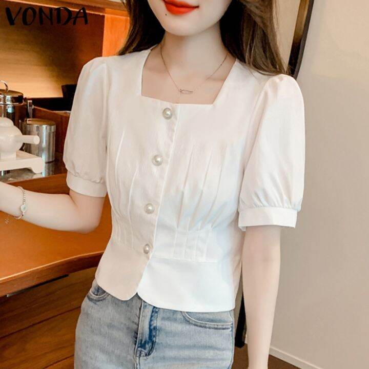 vonda-เสื้อเบลาส์ลําลอง-แขนพัฟ-คอสี่เหลี่ยม-ติดกระดุม-สีพื้น-สไตล์เกาหลี-สําหรับผู้หญิง