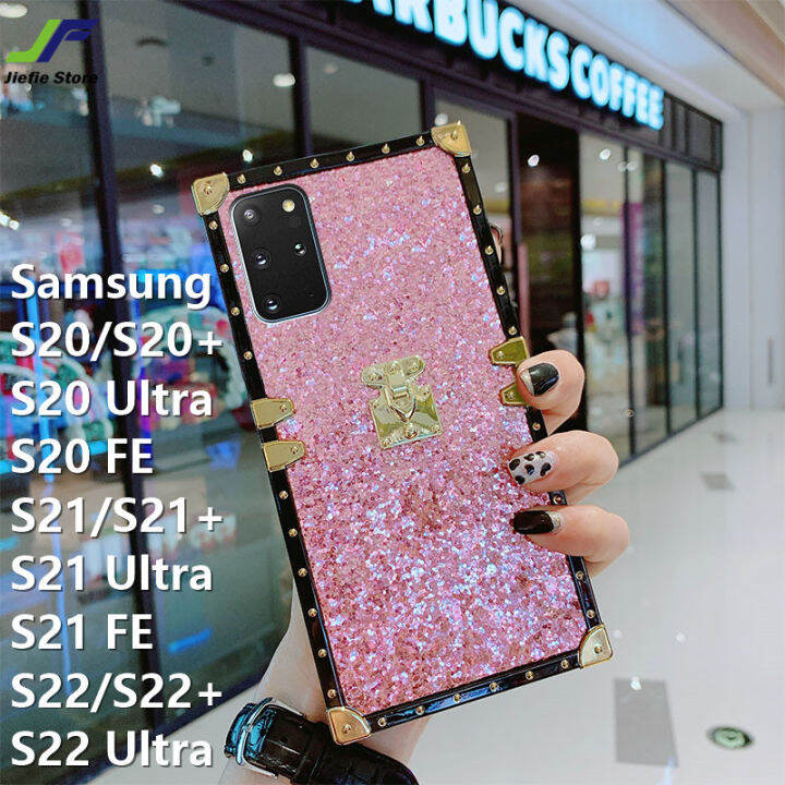 jiefieสำหรับsamsung-galaxy-s20-s20-s20-ultra-s20-fe-s21-s21-s21-ultra-s22-s22-s22-ultra-เคสโทรศัพท์สแควร์glitter-blingแฟชั่นยี่ห้อกรอบตอกหมุดปลอก