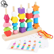 Beads Sequencing Toy Wooden Stacking Blocks Lacing Beads Shape Matching