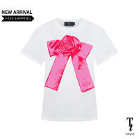 TandT - POP! PINK ROSE BOW PRINTED COTTON JERSEY T-SHIRT เสื้อยืดสกรีนลายโบว์สีชมพู ผ้าคอตต้อน