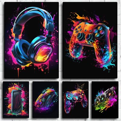 Canvas Print Wall Art: Neon Pop Video Game Character With Gamepad, Headphones, Football &amp; Basketball For Gaming Room