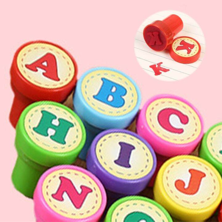 26-pcs-alphabets-letters-round-stamp-seal-children-gifts-toys-self-inking-scrapbooking-plate-ink-pads-stamper