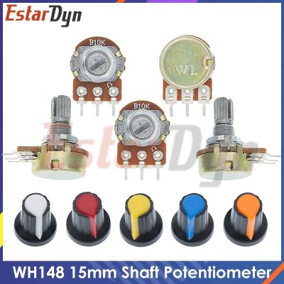 WH148 Linear Potentiometer 15mm Shaft With Nuts And Washers 3pin WH148 B1K B2K B5K B10K B20K B50K B100K with Random Color Cap