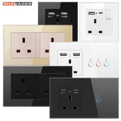 Shawader UK Wall Socket Light Switch Type C USB Glass Touch Panel Interruptor Plug Electrical Outlet  Lamp Home Office Kitchen