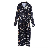 TRAF Za Women Chic Fashion With Tie Printed Wrap Midi Shirt Dress Vintage Long Sleeve Patch Pocket Female Dresses Vestidos