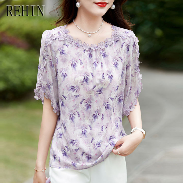 rehin-เสื้อเชิ้ตผ้าชีฟองปักลายแบบแขนสั้นลายออกแบบ-เสื้อสตรีทรงหลวมคลุมท้องสำหรับฤดูร้อน