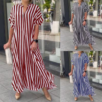 Stripe Shirt Dresses V-Neck Short Sleeve Maxi Dress Womens Dresses