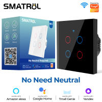 SMATRUL สวิตช์ไฟอัจฉริยะ Tuya APP 2.4 GHz WiFi Switch ไม่จำเป็นต้องใช้ลวดสีขาว1/2/3/4 Gang แผงกระจกนิรภัยสวิตช์ติดผนังแบบสัมผัสทำงานร่วมกับ Alexa/Google Home//Switches Switches