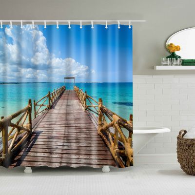 【CW】✉▤  Seaside Beach Landscape Shower Curtain Trees Polyester Fabric