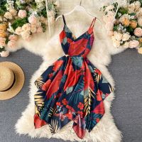 COD DSFGRDGHHHHH Kleid Boho Sexy V Neck Dress Women Slim Floral Print Midi Spaghetti Strap Party Dress New Summer Ladies Irregular Beach Dress