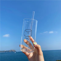 Holaroom Milk Juice Coffee Mug Cartoon Glass Cup Water Cup With Straw Transparent Milk Tea Cup Glass Kitchen Drinkware Practical