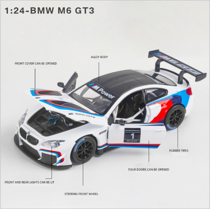 1-24-bmw-m6-gt3ยานพาหนะหล่อล้อแม็กรถยนต์รุ่นที่มีฟังก์ชั่นแสงรถรุ่นเก็บรถของเล่น