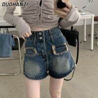 DUOHANZI Celana Pendek Denim ใหม่กางเกงขาสั้นนักเรียนทรงเอ-ไลน์2023เอวสูงสไตล์เกาหลี