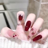 24Pcs Coffin Press on Nails Full Finished Deep Red False Nails Cherry Pattern Fake Nails for Women and Girls Fake Nail Patch