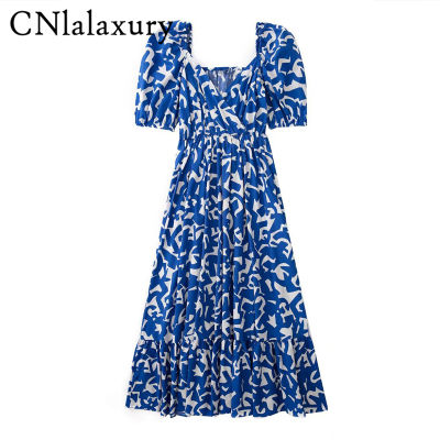 CNlalaxury Summer Vintage Print Blue Robe Dress Women V Neck Short Sleeve A-line Dresses Summer Bohemian Print Beach Sundress
