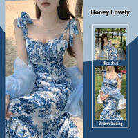 Honey Lovely ชุดเดรสลายดอกไม้สำหรับผู้หญิงแบบใหม่ฤดูร้อนเดรสสายเดี่ยวสไตล์เฮปเบิร์นสไตล์ฝรั่งเศสสำหรับท่องเที่ยวพักผ่อนริมทะเล HON1258