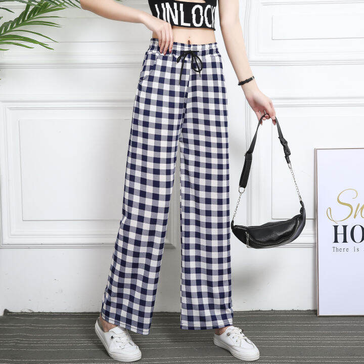 ส่งไว-กางเกงขายาวสก็อตสีสวย-plaid-pants-ทรงขาตรง-เป็นเอวยางยืดมีเชือกผูกรูดปรับขนาดเอวได้-ผ้าหนังไก่-9113-มีกระเป๋า2ข้าง