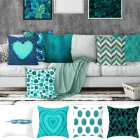 45x45cm Teal Cushion Cover Leaf Feather Geometric Heart Sofa Pillowcase Bedroom Home Decor Office Decor Accessories