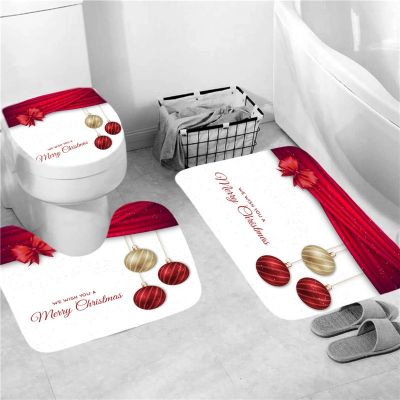 Christmas Shower Curtain Set Red Bow Knot Carpet Anti slip Mat Bathroom Bathing Screen Waterproof Toilet Partition Home Decor