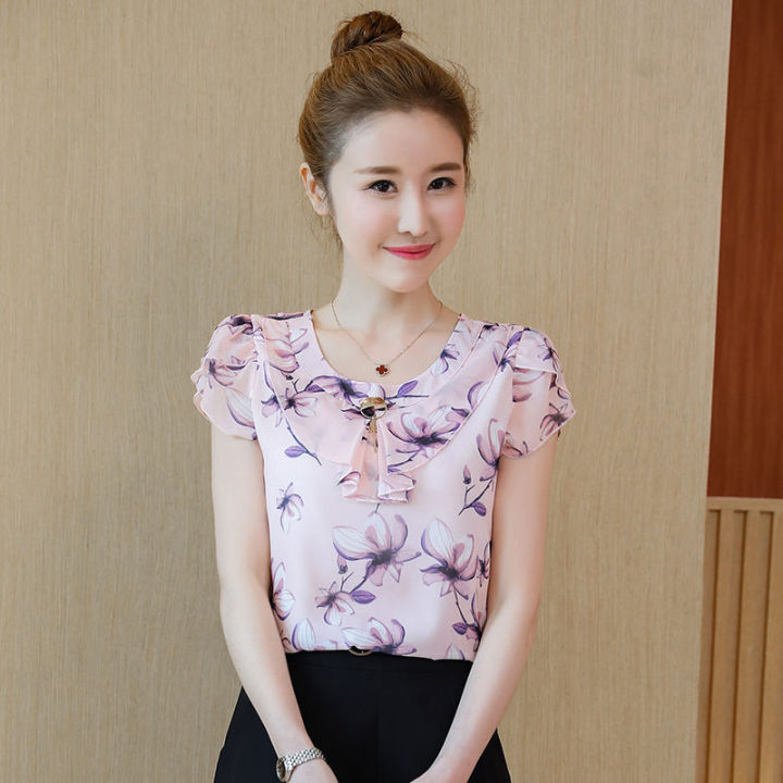 เสื้อชีฟองผู้หญิงแขนสั้นเกาหลีหลวมพิมพ์ลายเสื้อคอกลมเสื้อเชิ้ตลายดอก