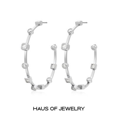 Haus of Jewelry - Luv AJ BEZEL STONE HOOPS ต่างหูห่วงประดับเพชรคิวบิกเซอร์โคเนีย (Cubic Zirconia)