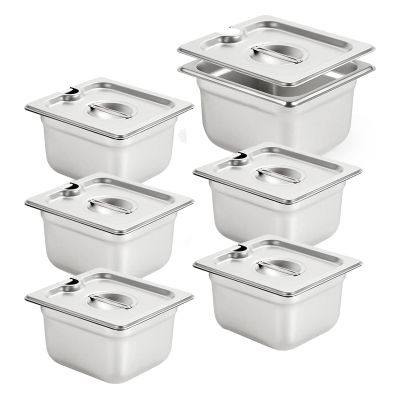 6 Pack Anti-Jam Slotted Hotel Pans with Lids, 1/6 Size 4 Inch Deep, Commercial 18/8 Stainless Steel Steam Table Food Pan
