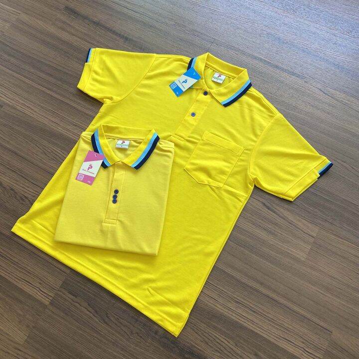 เสื้อโปโลหญิงสีเหลืองดอกคูณ-polo-shirt-แบบหญิง-สีเหลืองเข้มคอคลีปฟ้ากรม-เนื้อผ้านุ่ม-สวมใส่สบาย-มีบริการส่งเก็บเงินปลายทาง