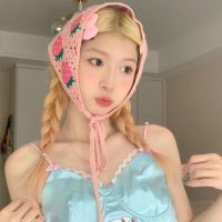 【YF】 2022 Korean Version of The Small Strawberry Triangle Headscarf Retro Crochet Knitted Straps Pink Headband Hair Accessories