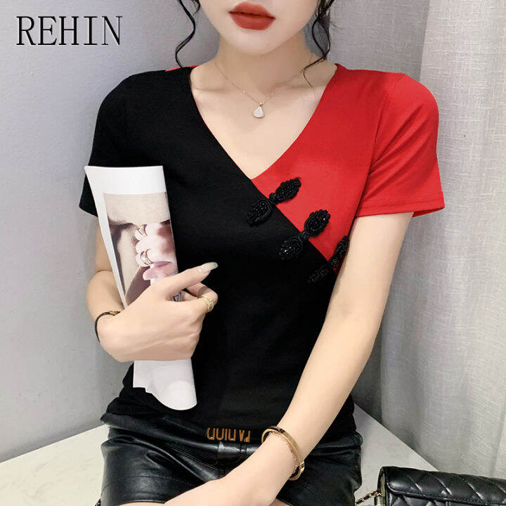 rehin-เสื้อผู้หญิงมาใหม่เสื้อยืดแขนสั้นประดับพลอยเทียมหลากสีตัดกันงานเย็บปะแฟชั่นกระดุมแบบย้อนยุค