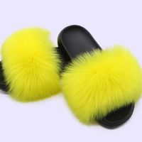 Womens Summer Faux Fur Fox Fur Slippers Fashion Luxury Indoor and Outdoor Non-Slip Solid Color Flat Bottom Furry Sandals