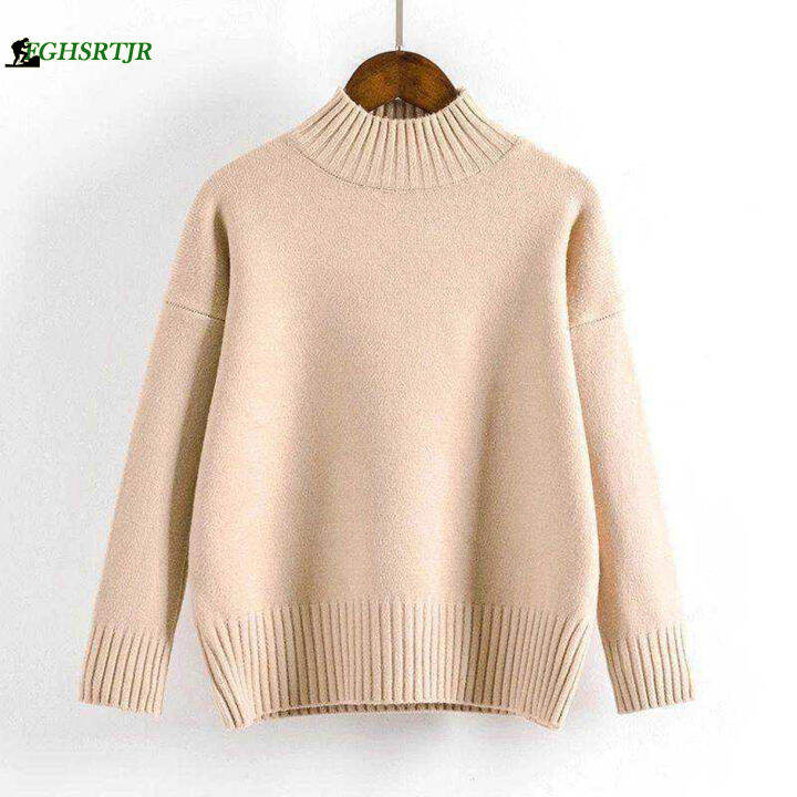เสื้อถักฤดูหนาวสีทึบแขนยาวสำหรับผู้หญิง-เสื้อสเวตเตอร์ถักทรงหลวมเหมาะสำหรับใส่ไปช้อปปิ้ง