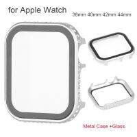 Aluminum Case for Apple Watch Case 40mm 44mm 38mm 42mm Glass Screen Protective Cover Bling Case for iWatch 6 5 4 3 SE Silver