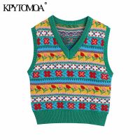 KPYTOMOA Women 2021 Fashion Floral Knit Jacquard Vest Sweater Vintage V Neck Sleeveless Female Waistcoat Chic Tops